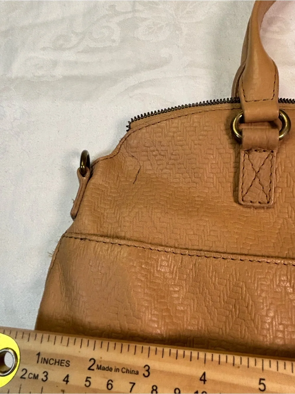 American Leather Co Tan Leather Satchel Handbag Embossed Top Handle Purse